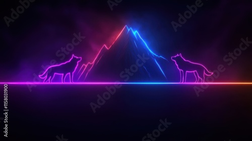 A glowing neon wolf pack standing on a radiant mountain peak, their forms outlined in dynamic hues of orange, blue, and pink, with swirling light trails creating an intense and majestic atmosphere.  photo