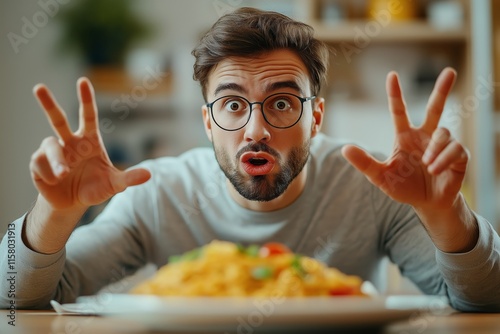 A surprised man emphasizes portion control while looking at a large plate of pasta, highlighting winter weight loss challenges in a cozy indoor setting. photo