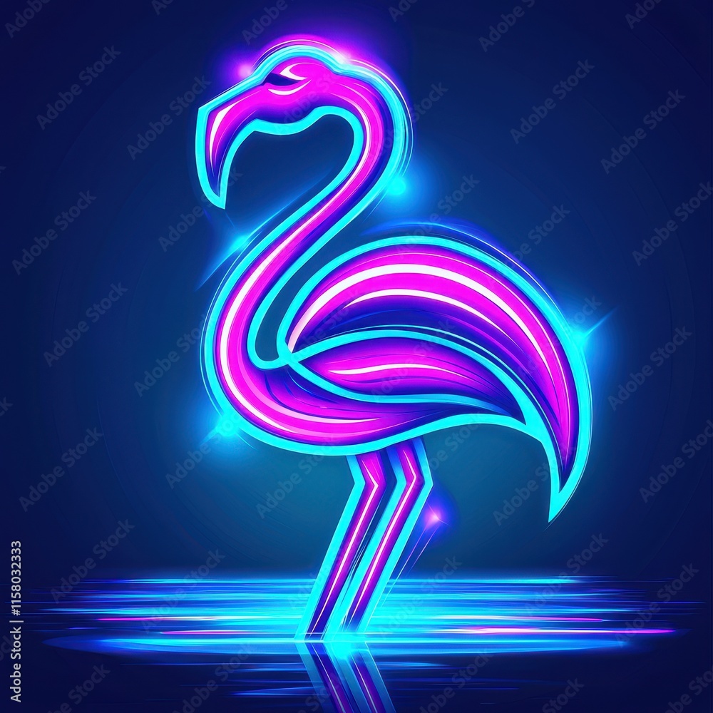 Obraz premium A radiant neon flamingo standing gracefully in glowing water, its silhouette highlighted in pink and purple hues, surrounded by faint light trails and sparkles for a serene design. 
