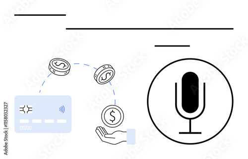 Hand beneath floating coins near contactless card and microphone icon. Ideal for fintech, banking, e-commerce, digital payments, voice recognition, AI assistants, digital economy. Line metaphor