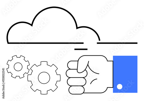 Hand with blue sleeve, two gears, black cloud outline. Ideal for technology, innovation, cloud computing teamwork industry business workflow themes. Line metaphor. Line metaphor. Simple line icons