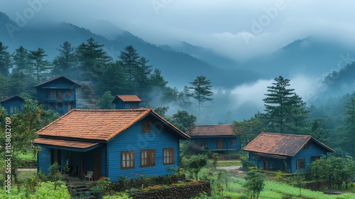 village on mountain in misty morning in dasar dalat vietnam