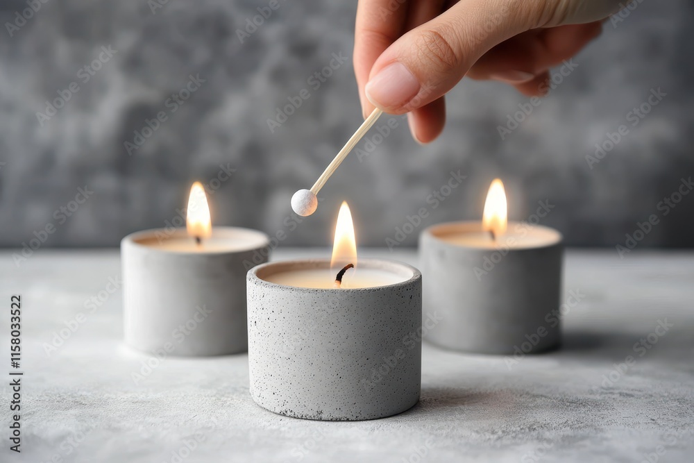 A hand ignites a soy candle in a gray concrete cap featuring apple and cinnamon scents Banner design for a beauty and spa candle shop A hand ignites a soy candle in a gray concrete cap featuring apple and cinnamon scents Banner design for a beauty and spa candle shop