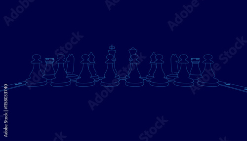 Blue background with a series of chess pieces. The chess pieces are arranged in a line, with some of them being closer to the top and others closer to the bottom. Scene is one of focus