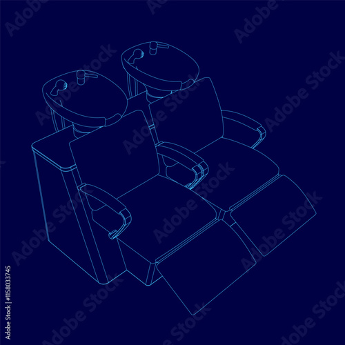 Blue drawing of two chairs with a foot rest. The chairs are designed to be used in a salon or spa setting