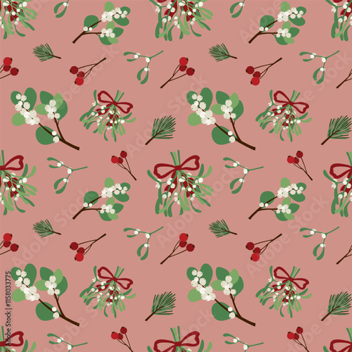 Seamless Christmas pattern in vintage style with mistletoe and snowberry. Winter holidays background. Vector illustration. Christmas design for decor, wallpapers, wrapping paper