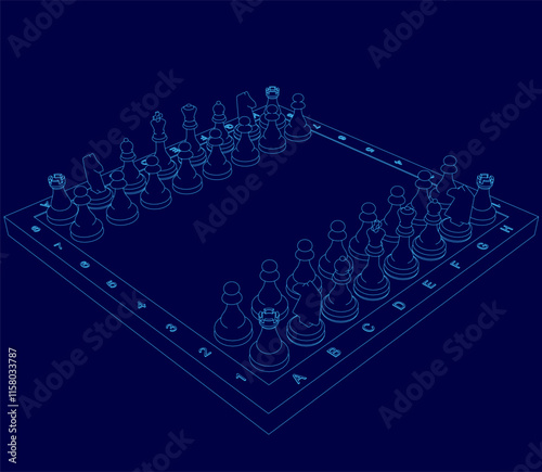 Chess board with blue pieces. The board is empty