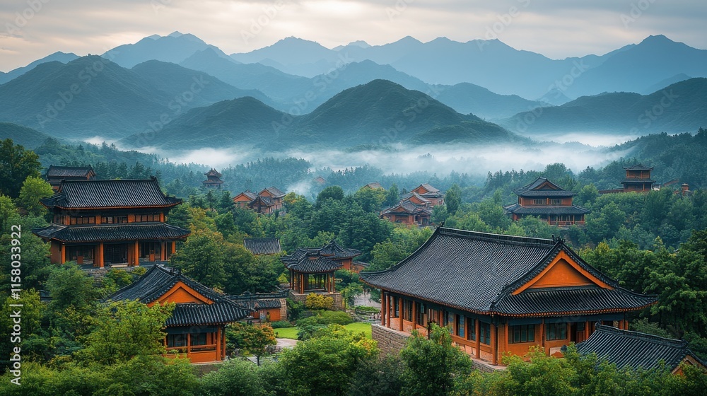 wonderful landscape of a chinese village from the top of the great wall of china wonderful landscape of a chinese village from the top of the great wall of china
