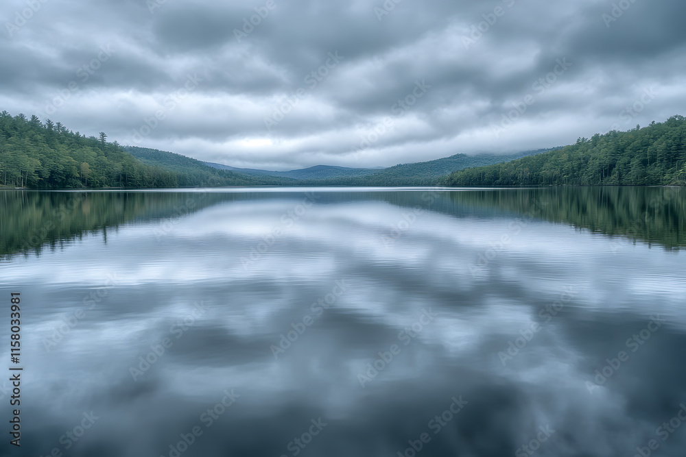 Fototapeta premium Soft water ripples spreading gently across a calm lake under a cloudy sky