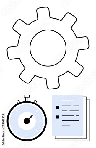 Gear stopwatch and documents in flat design. Ideal for productivity, workflow optimization, time management, planning, efficiency, project management, and business strategy. Line metaphor