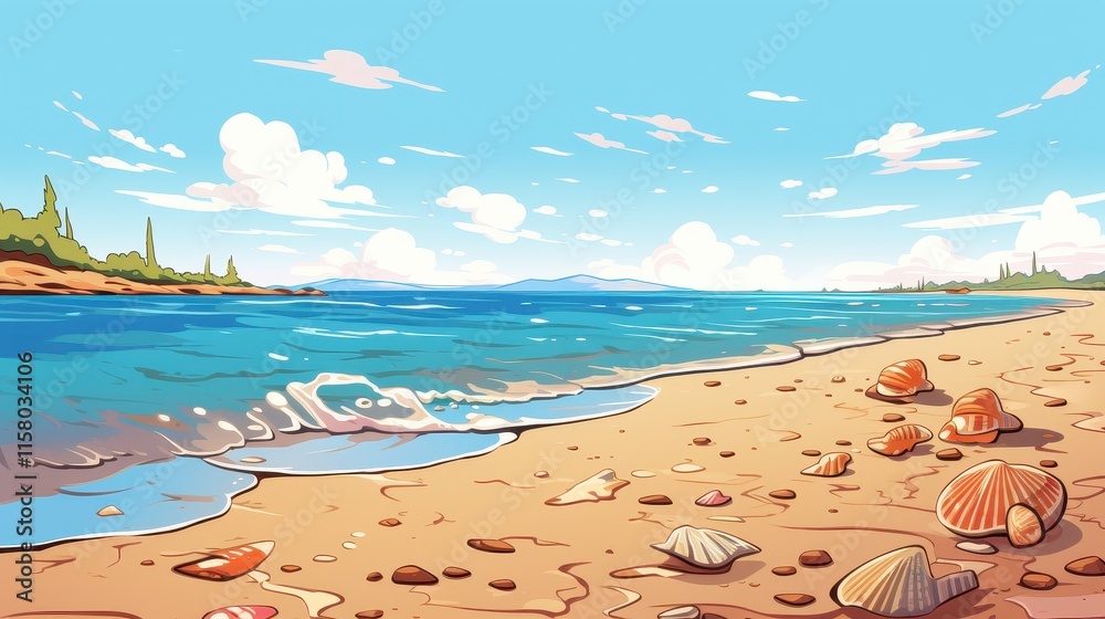 Serene Seascape with Shells on Sandy Beach Serene Seascape with Shells on Sandy Beach