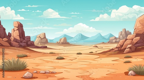 Arid Desert Landscape With Rocky Formations And Distant Mountains