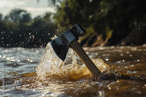 A dynamic wide shot depicting the axe bobbing on the water's surface, with Eliseu standing triumphantly at the riverbank, while others cheer and point at the miraculous floating axe.

 photo
