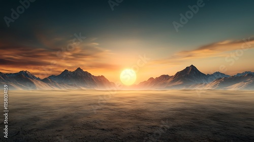 A scenic shot of a vast desert landscape at sunset, with rippling sand dunes stretching as far as the eye can see. The warm hues of the setting sun cast long shadows over the dunes, creating 
