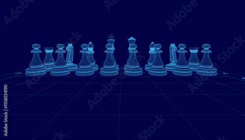 Blue chess board with a row of blue chess pieces. The chess pieces are arranged in a row, with some of them being closer to the viewer and others further away