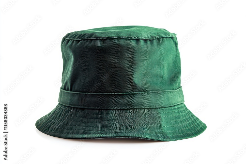 A solitary green bucket hat on a white background A solitary green bucket hat on a white background