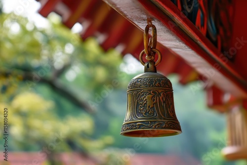 A small golden bell symbolizes good luck and hope its presence on the handrail reflects Asian beliefs in life s resonance photo