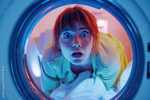 A stunned woman peers into the washing machine opens the door and discovers her colored clothes mixed with whites due to a wrong cycle that didn t clean properly photo