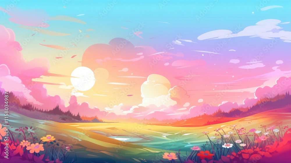 Fototapeta premium Vibrant Sunset Over Rolling Hills and Wildflowers