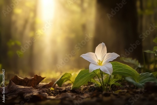 A vibrant trillium wildflower blossoms on the forest floor surrounded by lush greenery