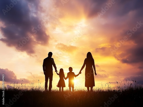 Parents hold the baby's hands. Happy family in the park evening, no face, view from back, copyspace area  - ai