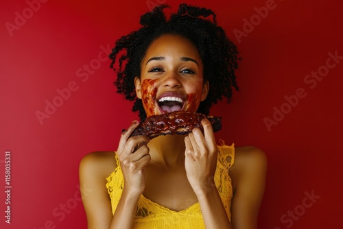 A young woman in a yellow shirt eagerly bites into a rib with barbecue sauce on her face and fingers against a vibrant red backdrop