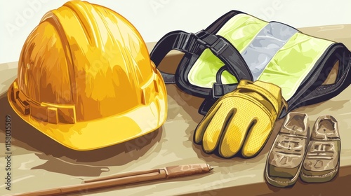 Safety gear hard hat, gloves, vest, shoes, and tools on wood. photo