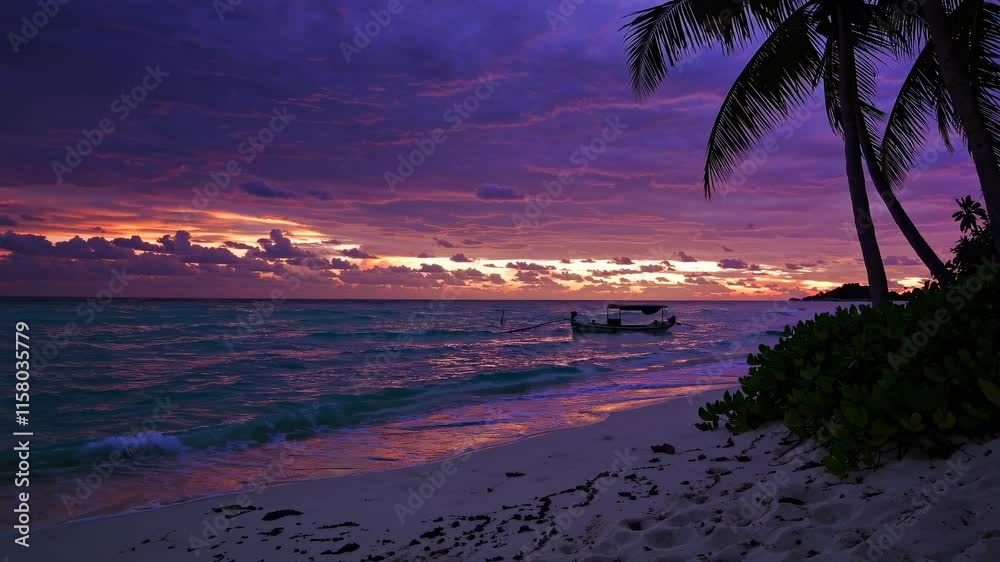 Tropical Beach Sunset Reflection, Vibrant Sky on Water with Boat and Palm Trees, for Travel Promotion