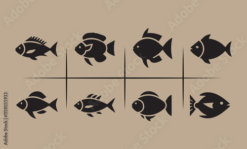 Set of Fish simple icons vector design Different type of Fish silhouette vector illustration Silhouette fish vector collection design