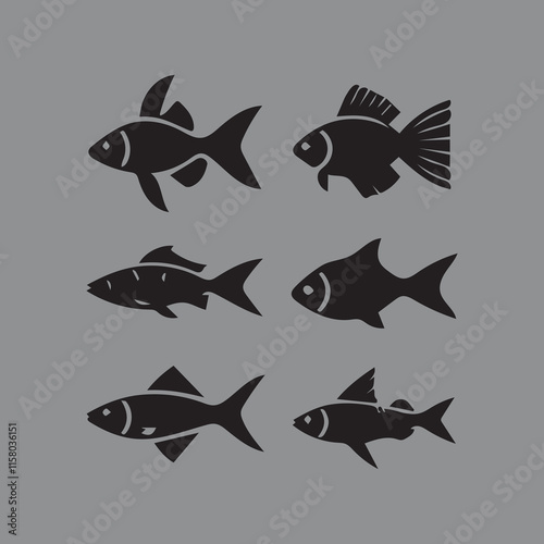 Set of Fish simple icons vector design Different type of Fish silhouette vector illustration Silhouette fish vector collection design