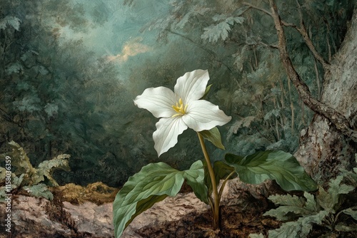 An examination of one White Trillium grandiflorum blossom in early spring within a forest photo