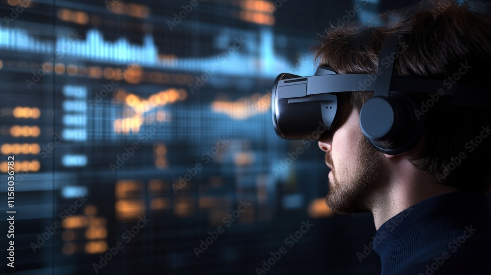 Man Engaged in Virtual Reality Experience with Headset and High-Tech Data Visualizations in Background, Exploring the Future of Digital Interaction and Technology Man Engaged in Virtual Reality Experience with Headset and High-Tech Data Visualizations in Background, Exploring the Future of Digital Interaction and Technology