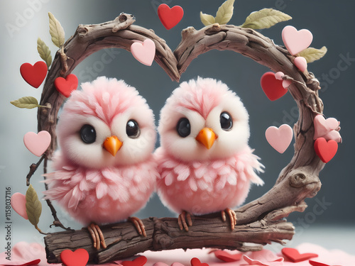 Small white and pink lovebirds perched on heart shaped twig wreath 2