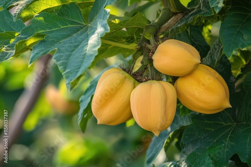 Autumnal golden leaves on a tree Asimina triloba common pawpaw is a plant in the Carica genus of the Caricaceae family nature pattern backdrop photo