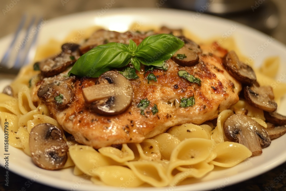 Basil topped chicken pasta with mushrooms and parmesan Basil topped chicken pasta with mushrooms and parmesan