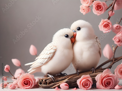 White lovebirds kissing on a branch pink roses