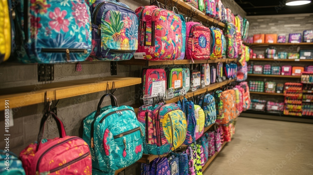 Fototapeta premium Colorful Floral Backpacks Displayed in Retail Store Interior