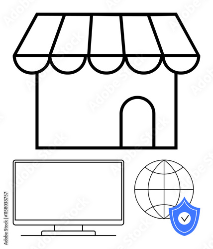 Shop with awning, computer monitor below, globe symbol and shield indicating security. Ideal for e-commerce, online shopping, digital business, cybersecurity, global trade, internet services