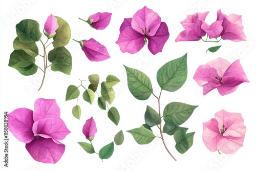 Bougainvillea blooms and foliage on a white background photo