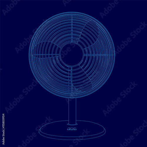 Blue fan with a base is displayed in a blue background. The fan is positioned in the center of the image, and its design is sleek and modern. The blue background adds a sense of calm