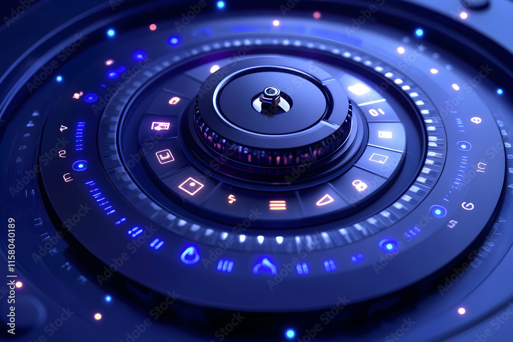 Futuristic Technology Interface 3D Render: Abstract Circular Control Panel with Glowing Icons Futuristic Technology Interface 3D Render: Abstract Circular Control Panel with Glowing Icons