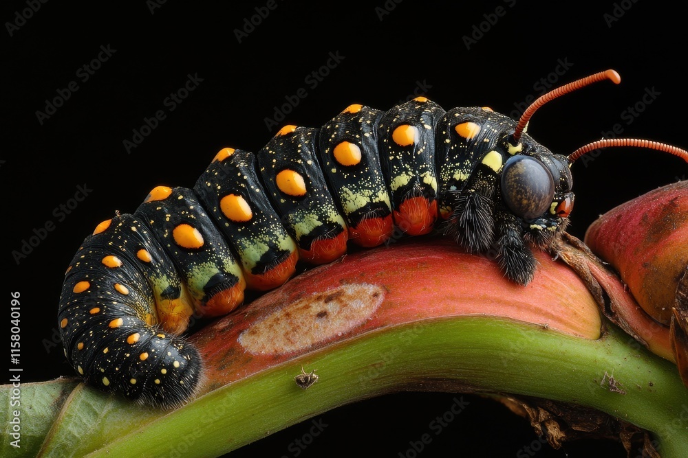 Caterpillar of the zebra swallowtail butterfly on pawpaw Caterpillar of the zebra swallowtail butterfly on pawpaw