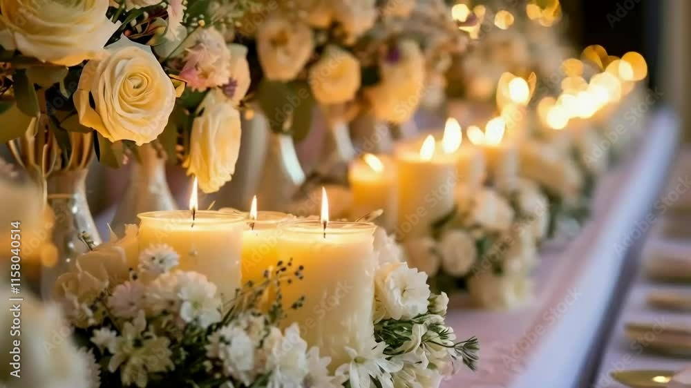 Lit candles surrounded by white roses and flowers on a table.