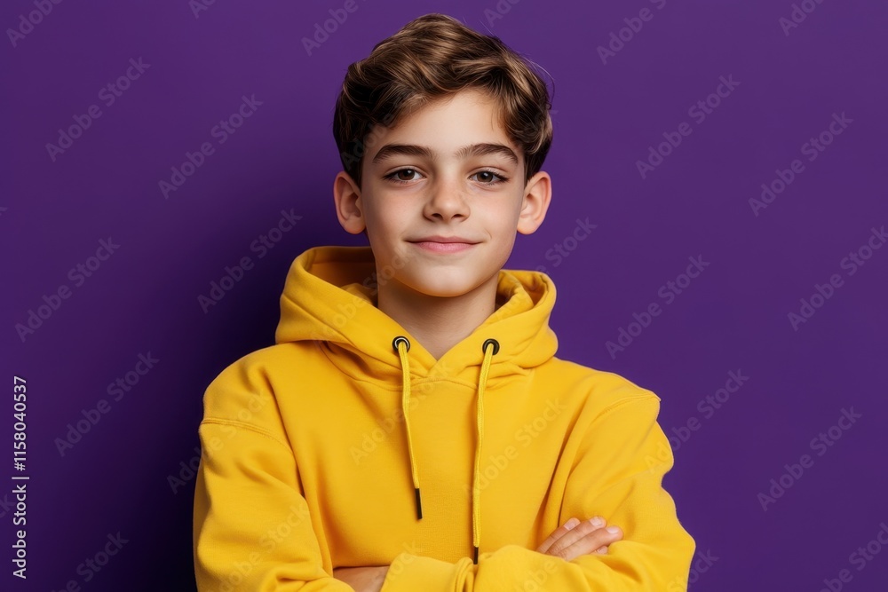 Cheerful teenage boy in a yellow hoodie with crossed arms gazing at the camera in front of a vivid violet backdrop Cheerful teenage boy in a yellow hoodie with crossed arms gazing at the camera in front of a vivid violet backdrop