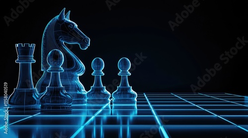 Futuristic chess pieces on a glowing grid, strategy, planning, competition concept.