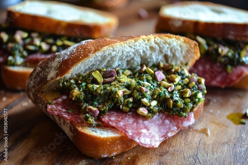 cheese with mortadella pistachios and tapenade sandwich photo