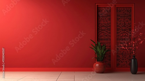 A red room with a black vase and a red vase
