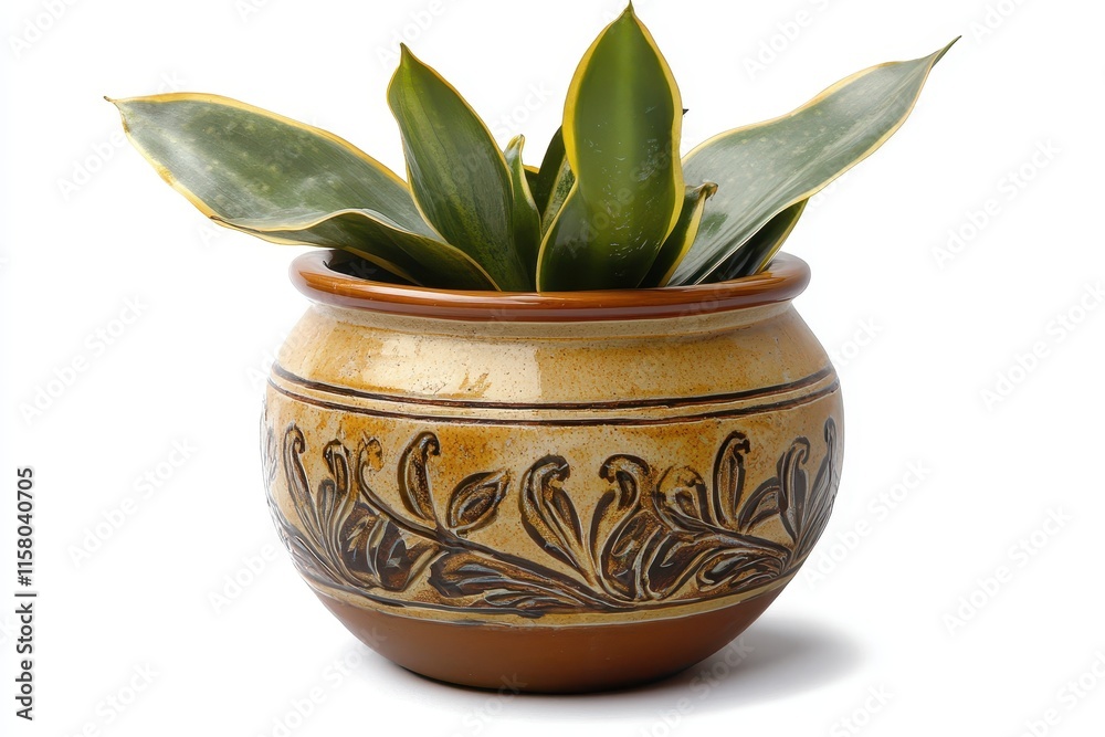Chic ceramic container holding a healthy snake plant against a white backdrop Chic ceramic container holding a healthy snake plant against a white backdrop