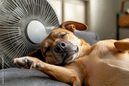 Chill dog sprawled in front of a fan upside down in bed Adorable puppy napping Keeping pets cool during hot weather Female Harrier mix Focused shot