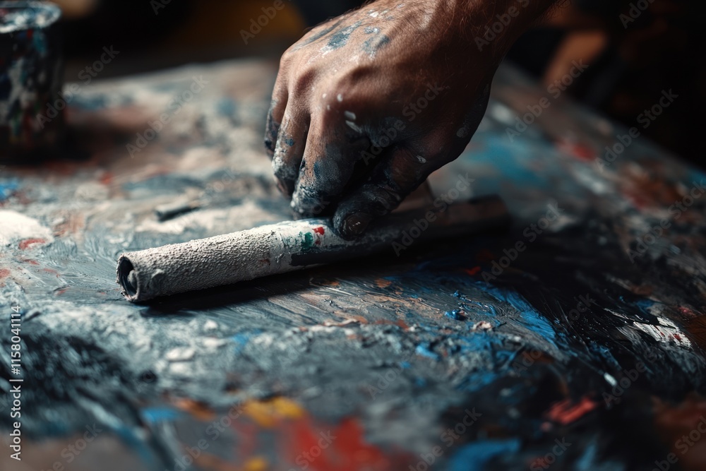 Close-up of painter's hand holding paint roller on messy palette. Close-up of painter's hand holding paint roller on messy palette.